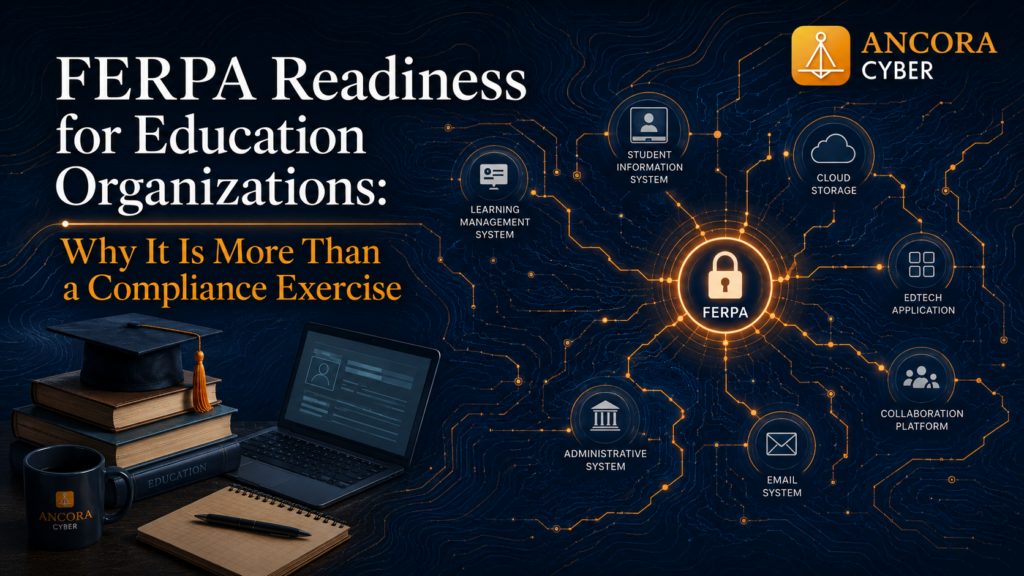 FERPA readiness concept image showing connected education systems, student data governance, and information flow across learning, administrative, and cloud platforms.
