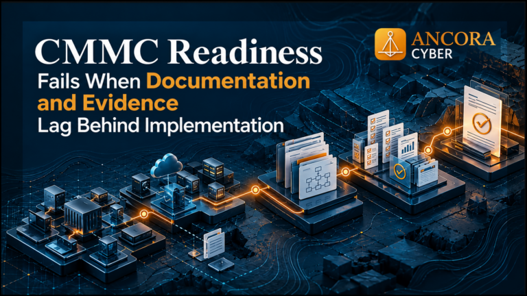 Ancora Cyber CMMC readiness graphic showing technical systems connected to documentation and evidence for operational readiness.