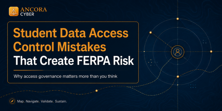 Feature image for blog post about student data access control mistakes. Shows topographic governance landscape in dark navy and blue with orange accent lines representing access pathways and control routes.