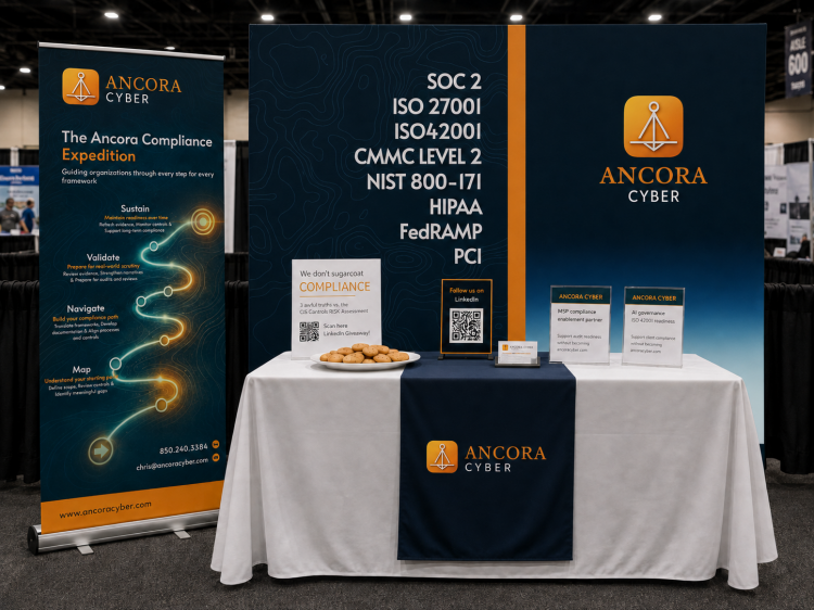 Ancora Cyber conference booth display with branded compliance signage, banner, QR codes, cookies, and framework messaging for the Arizona Technology Summit.