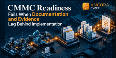 Ancora Cyber CMMC readiness graphic showing technical systems connected to documentation and evidence for operational readiness.